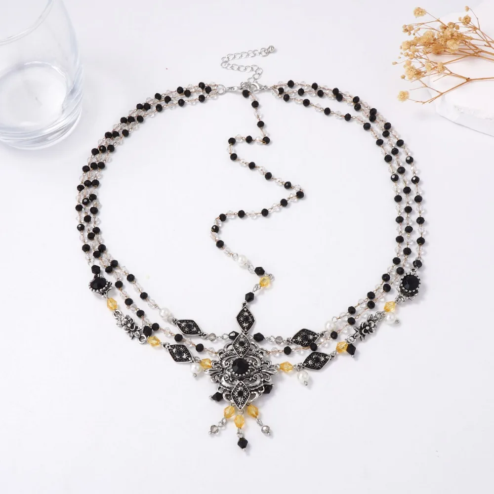 

Vintage Ethnic Necklace Multi-layer Bead Dual-use Jewelry Headwear Necklace Alloy Bead Tassel Pendant Party Accessories