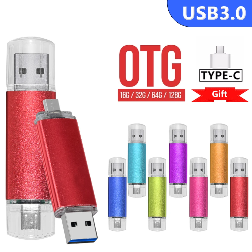 OTG 3 In 1 Metal Flash Drive USB 3.0 Pen Drive ad alta velocità 16GB 32GB 64GB 128ggb 256GB Pendrive Cle USB Memory Stick per regalo