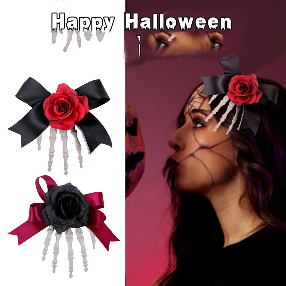 Bow Tie Rose Decoration Side Clip Scary Beautiful Hairpin Skull Hand Bone Hair Clip Halloween Series Dress Up Hair Accessories