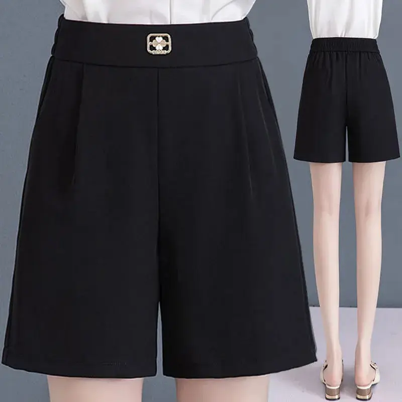 Women Summer Simplicity Office Lady Solid Color Ice Shreds High Waist Wide Leg Women Clothes Casual Appear Thin Quarter Shorts