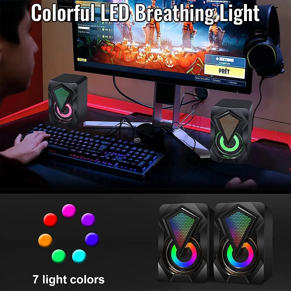مكبر صوت كريستالي صغير مع ضوء RGB ملون ومكبر صوت للكمبيوتر مزود طاقة USB ومساعد 3.5 مم، مناسب لشاشة الكمبيوتر المحمول المكتبية