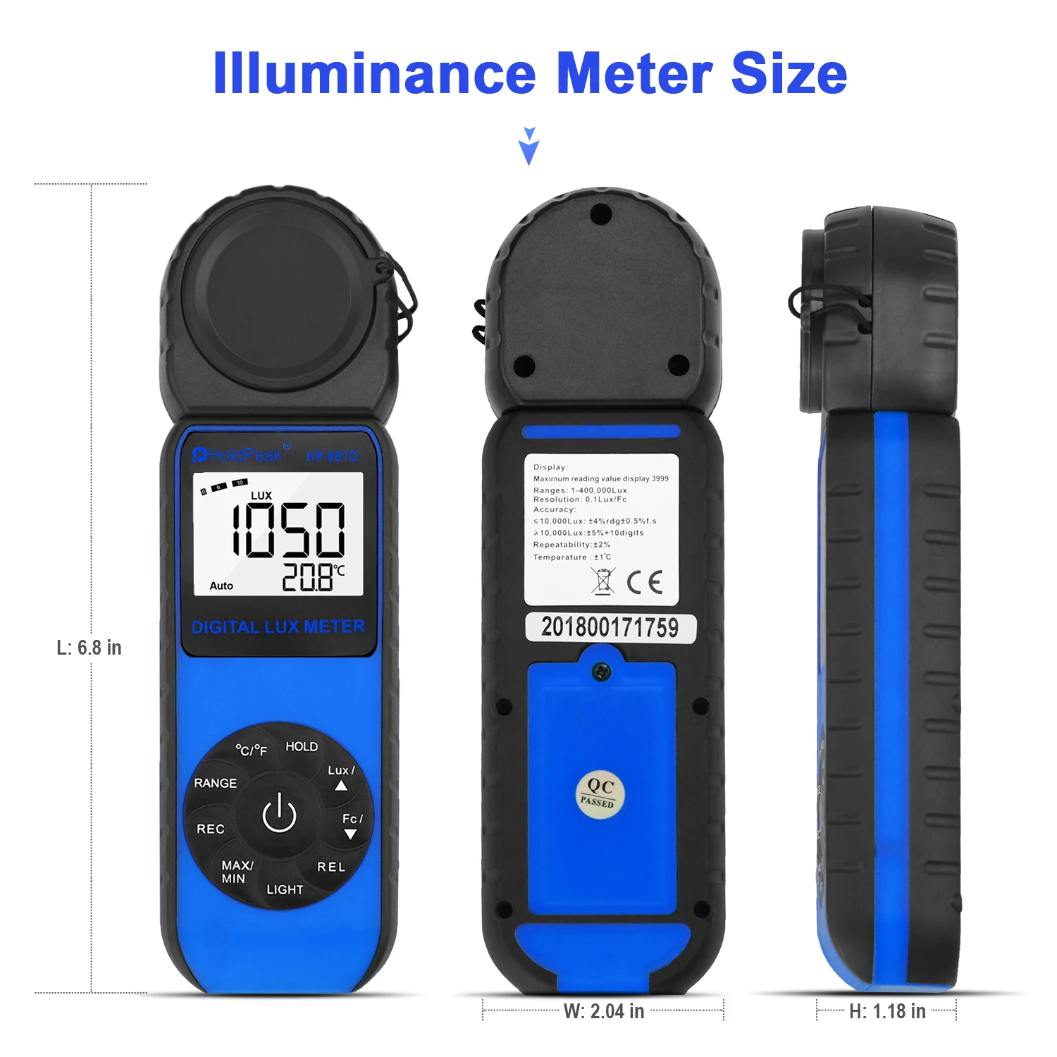 HP-881D Digital Illuminance Light Meter 0.01~400,000 Lux Pocket Design for Plants LED Lights Indoor Outdoor LightTester HOLDPEAK