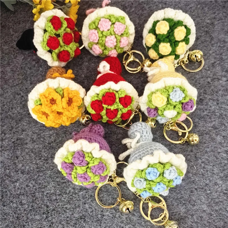 

8cm Handmade Crochet Mini Rose Bouquet Keychain, Cute Yarn Flower Bag Charm for Women Gift