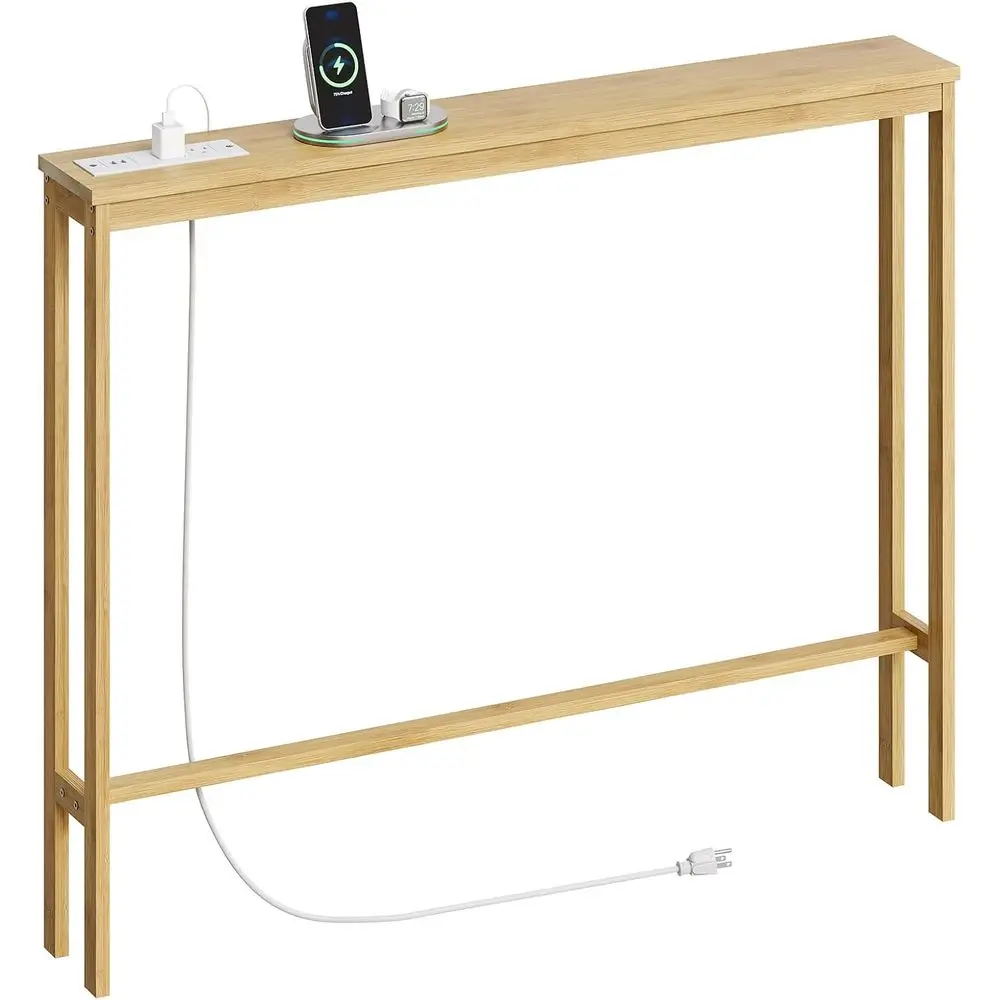 

Narrow Sofa Table with Power Outlets, Bamboo Behind Couch Table with Charge Station, Natural