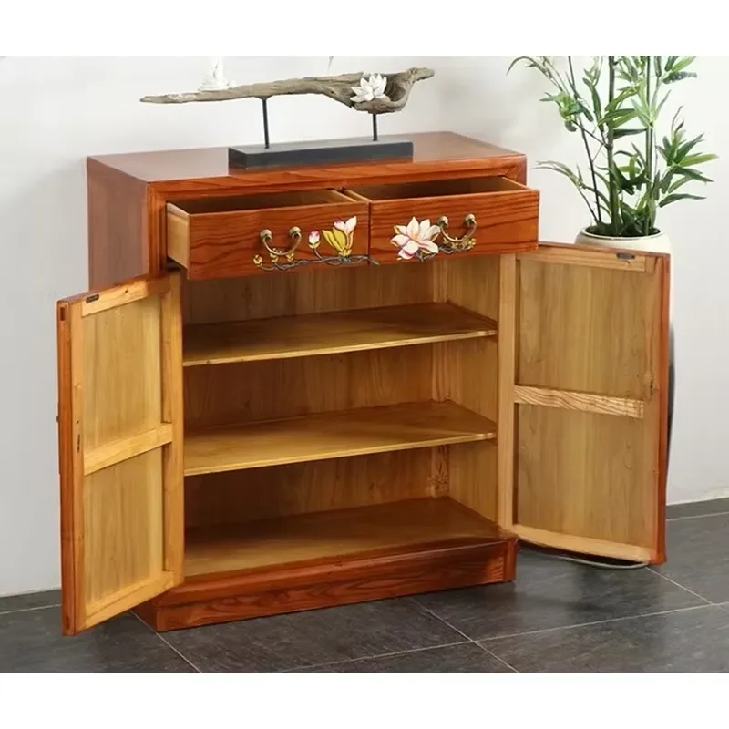 Antique Chinese Style Solid Wood Storage Cabinet Hand Painted Floral Shoe Cabinet for Entryway Dining Living Room Hallway