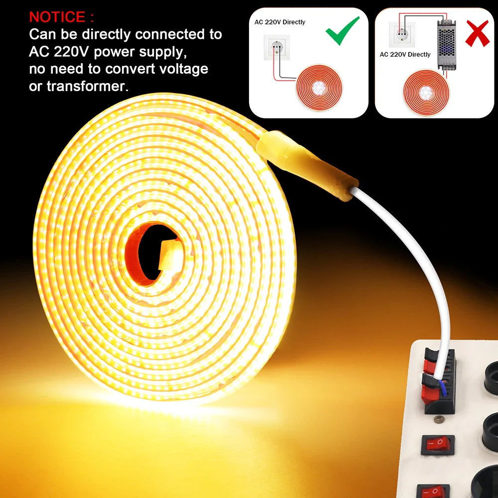 220V COB LED Strip Light 10cm Cut 2pin Wire Power Kit 240 LEDs Flexible Adhesive Tape 3000K 4000K 6000K RA90 Linear Lighting