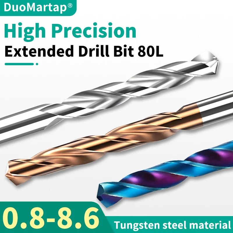 

DUOMaetap 1PCS HRC70 Solid Carbide Extra long Twist Drill Bit 0.8mm-8.6mm For Cast Iron Metal Aluminum CNC machinery Tool X80L