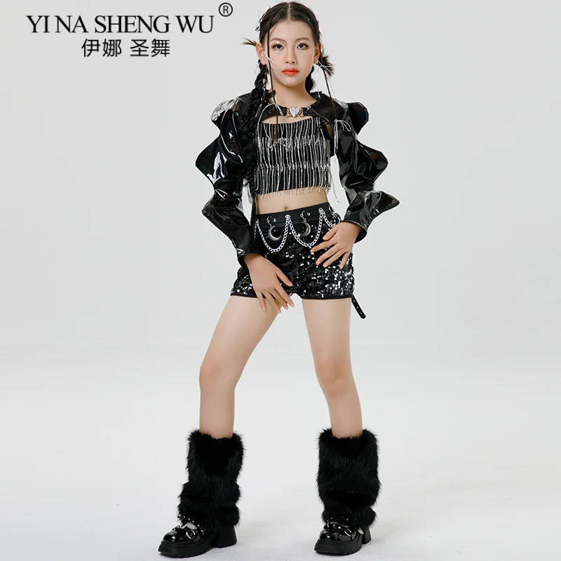 Traje de baile de Jazz con lentejuelas para niñas, pantalones cortos negros con lentejuelas, Top corto para chico, trajes de baile callejero de Hip Hop, ropa de actuación de baile k-pop