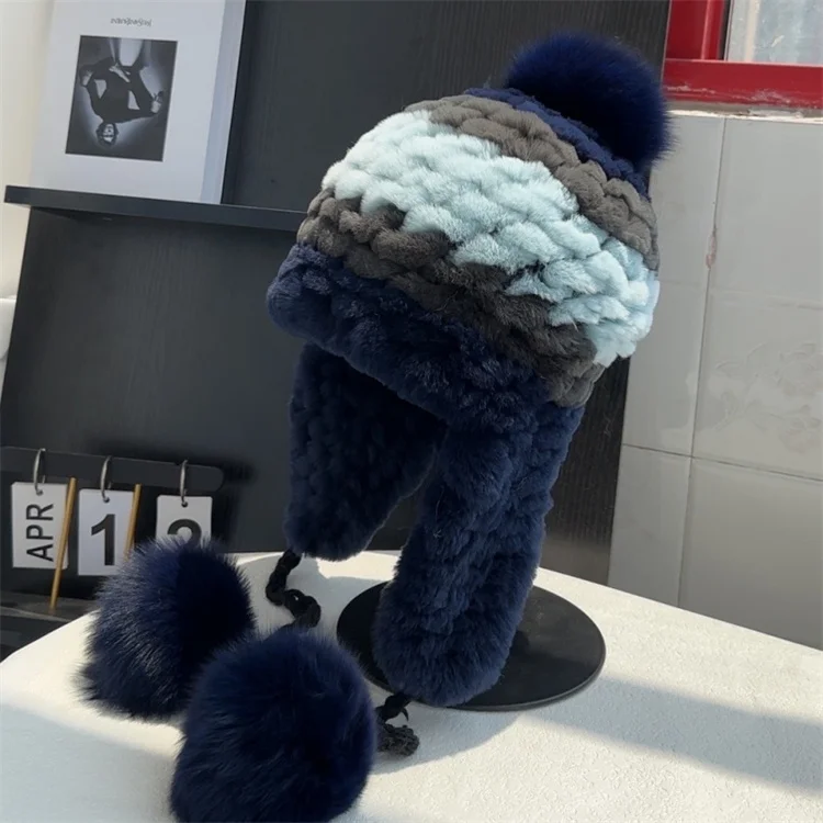Echte Rex Kaninchen Pelzmütze für Frauen Herbst Russische ushanka Streifen Pelzmütze dame winter Warme Kopf Tragen Elastische Gestrickte Bomber Hüte – Detail 6