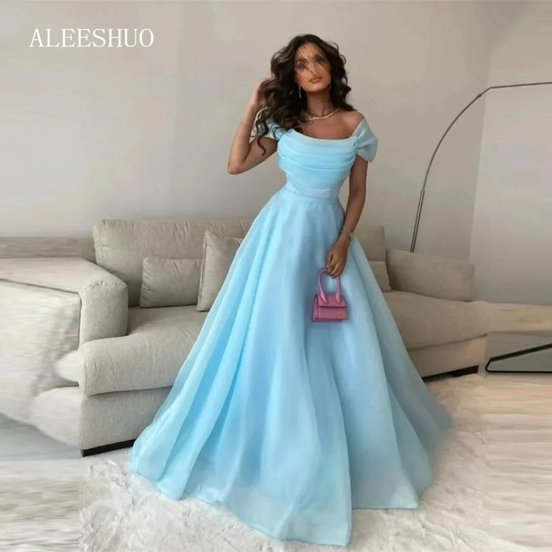 Aleeshuo Sky Blue Prom Dressess Organza Strapless Puffy Evening Dress Custom Simple A-line Pleat Saudi Arabia 2024