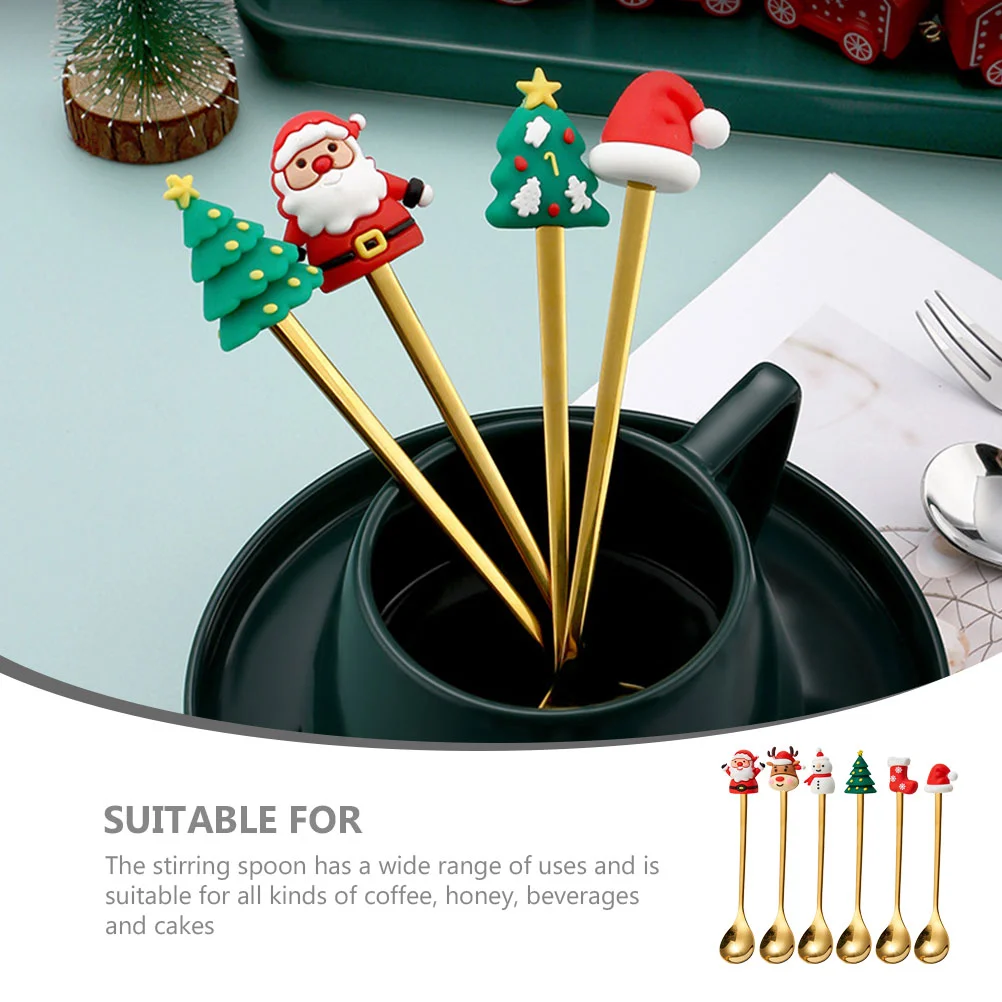 6 Pcs Christmas Stainless Steel Tableware Dessert Spoon Coffee (Christmas Golden Six-piece Set-red Box) Cake Spoons