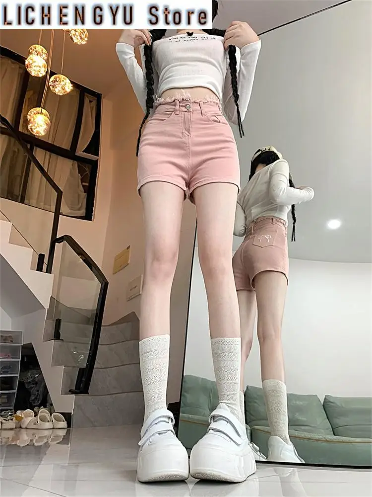Women Bow Embroidery A-line High Waist Pink Denim Shorts Cool Girl Triangle Mini Trousers Female Wide Leg Summer Hot Pants