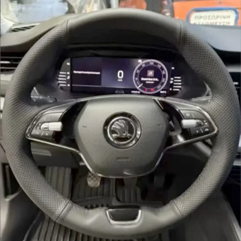 

Hand-stitched Custom Style for Skoda Octavia Superb Kamiq 2 Spoke Steering Wheel 2021-2024 Black Leather Steering Wheel Cover