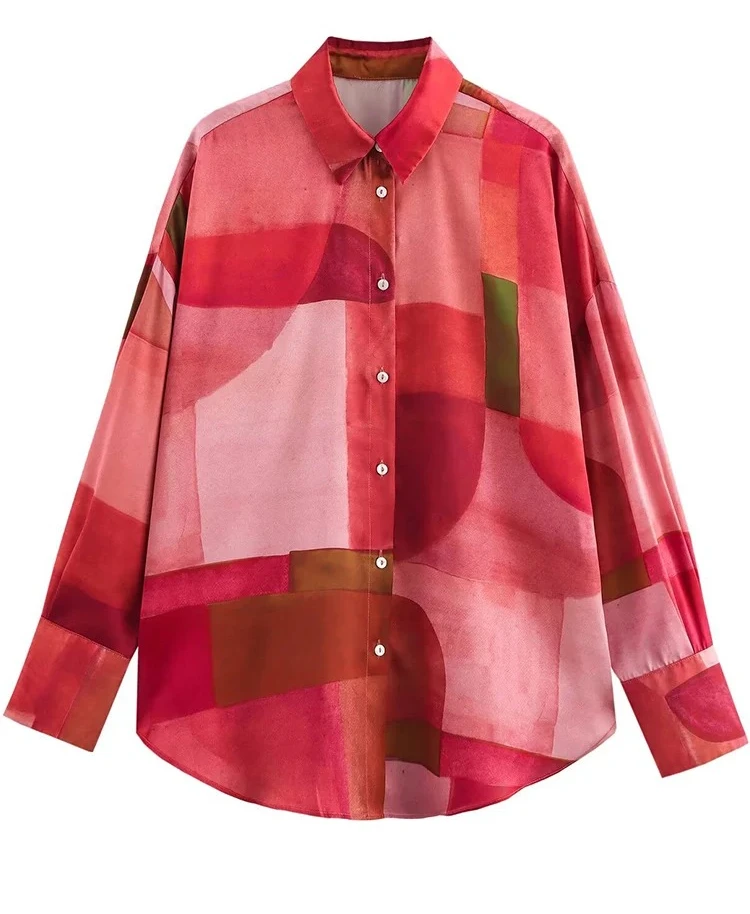 السيدات هندسية مطبوعة بلوزة الربيع السيدات قميص متعدد الألوان المطبوعة طية صدر السترة كم طويل #1