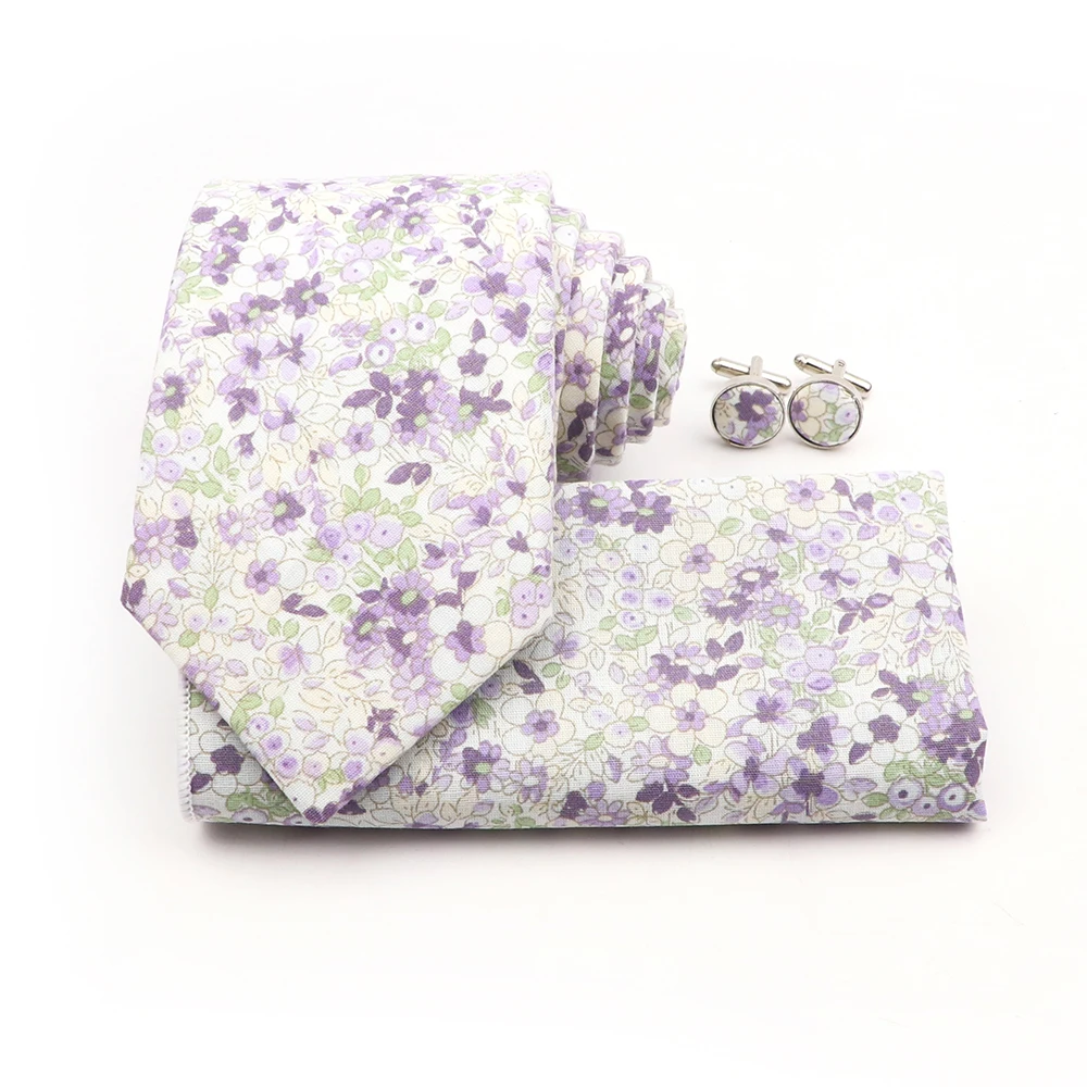 New Design Lovely Cotton Tie Set White Floral Pattern Pocket Square Handkerchief Cufflink For Daily Shirt Wear Accessoies Gifts