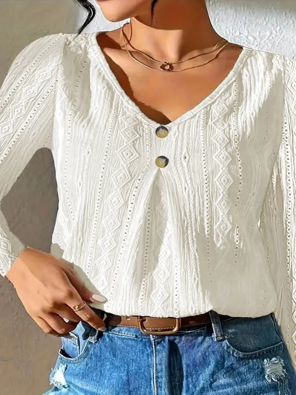 

Spring Autumn Women's Top Solid Color Casual Loose Fashion Jacquard Hollow Cut V-neck Pullover Long Sleeve T-shirt Top