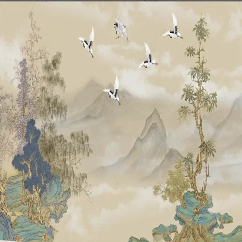Custom Chinese Ink Landscape Wall Mural Hand-Painted Mountain Decor Background Painting for Living Room Nature Scene Wallpaper