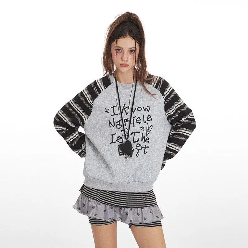 HeyHenry2025 Retro Harajuku Dames Losse Kleur Blo Casual Lange Sve Ronde Ne Sweatshirt Gedrukt Herfst Winter