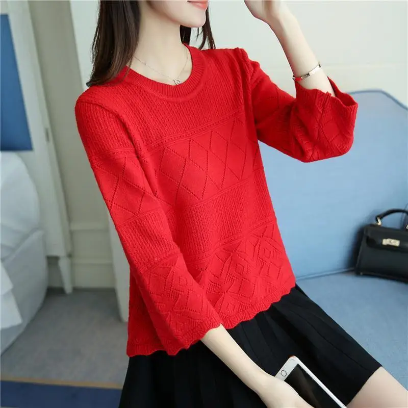 Hollow Out Ice Silk Knitted Shirt Three Quarter Sleeve Korean Flare Sleeve O-Neck Loose Short T-Shirts Spring Summer Geometric