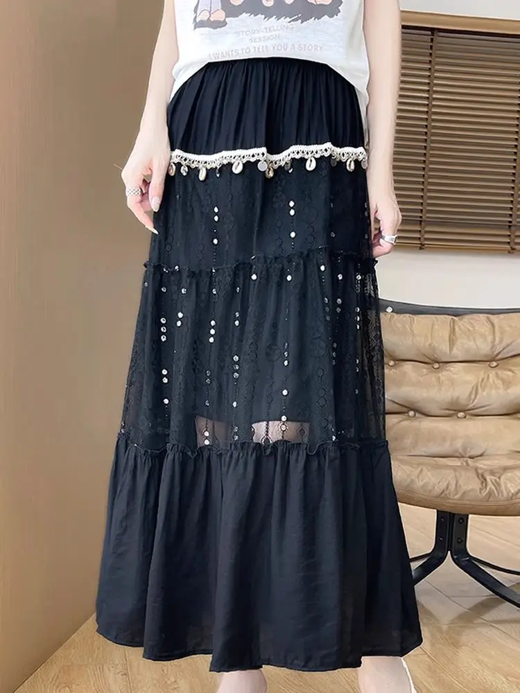 

Плиссированная юбка трапециевидной формы с высокой талией, кружевная лоскутная женская юбка, лето 2022, новое белое этническое платье с драпировкой для путешествий, юбка-миди