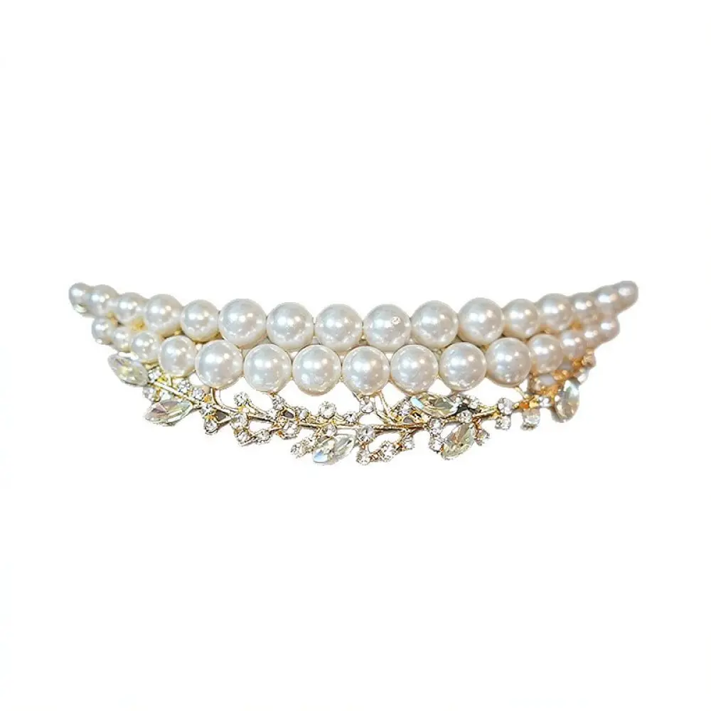 Elegant Crescent Moon Crown Barrette Black Metal Pearl Inlaid Rhinestone Hair Accessories Sweet Style Side Bangs Clip