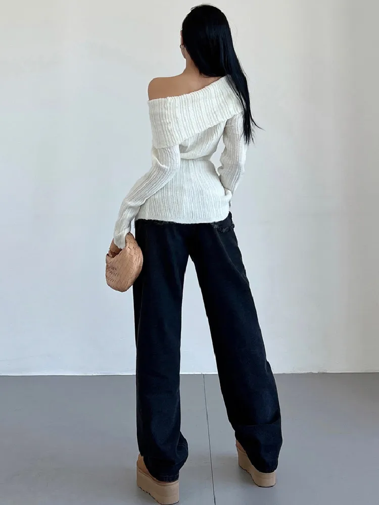 Sexy Women Off Shoulder Knit Slash Collar Sweater Open Buttons Front Slit Slim Knitwear Full Sleeve Jumper Knitwear Tops White