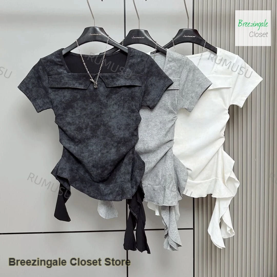 

American square-collared spice girl slim short irregular top women's summer new fashion short-sleeved tie-dyed women t shirt