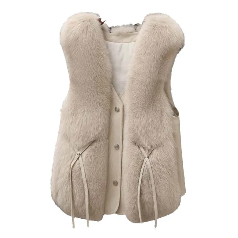 Women Vests Faux Fur Fox Coats Sleeveless Short Coat Thick Warm Y2k Streetwear Elegant Jackets Casual Outerwear Autumn Winter