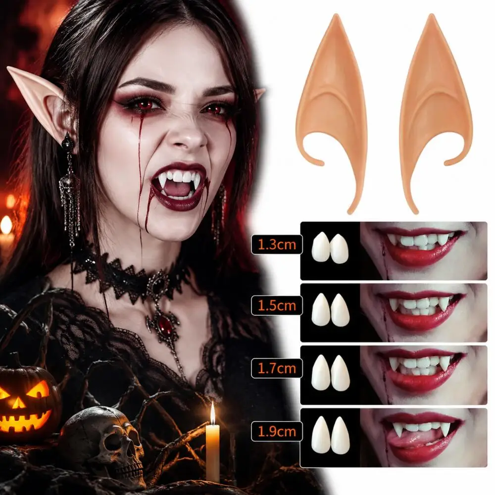 Colmillos de Vampiro para Halloween, Orejas de Elfo, Accesorios para Disfraces de Fiesta, Accesorios de Disfraces de Terror, Suministros para Juegos de Rol de Diablo y Hombre Lobo para Adultos