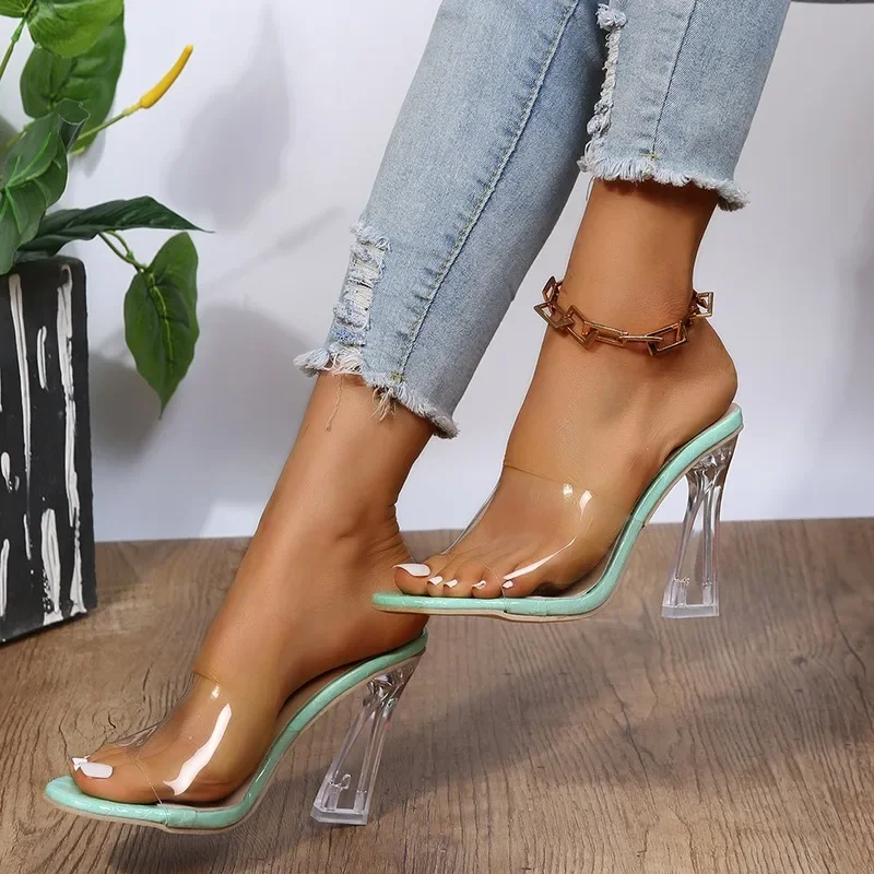 Women  Sandals Jelly Slippers Sexy Open Square Toe High Heels Women Transparent Slippers Shoe Heel Clear Sandals