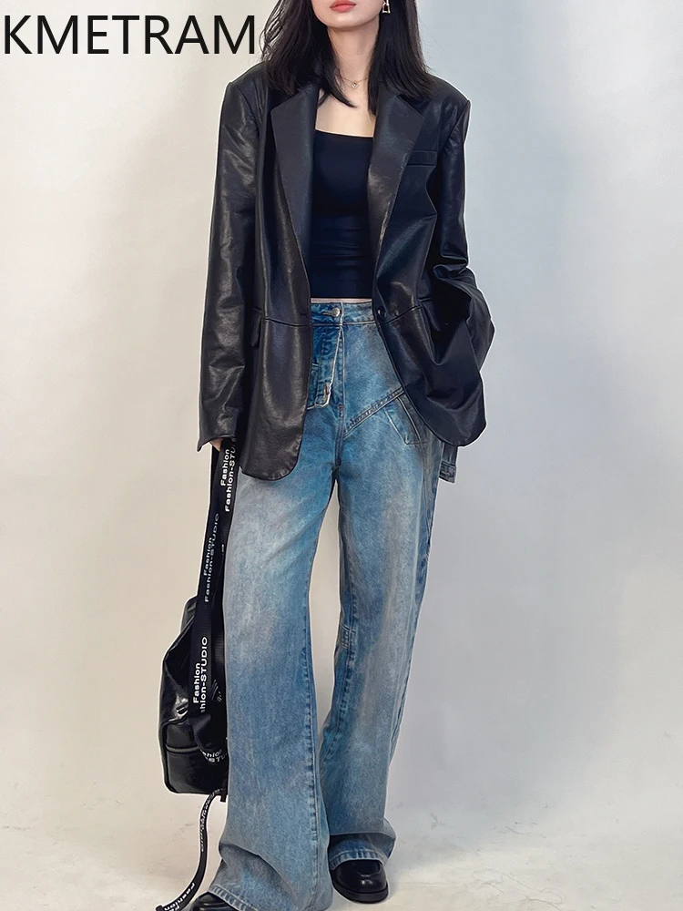 Kurtka damska ze 100% skóry owczej, luźna, o średniej długości, prawdziwa skóra, kurtki garniturowe damskie, jesień 2025, odzież damska, дубленка