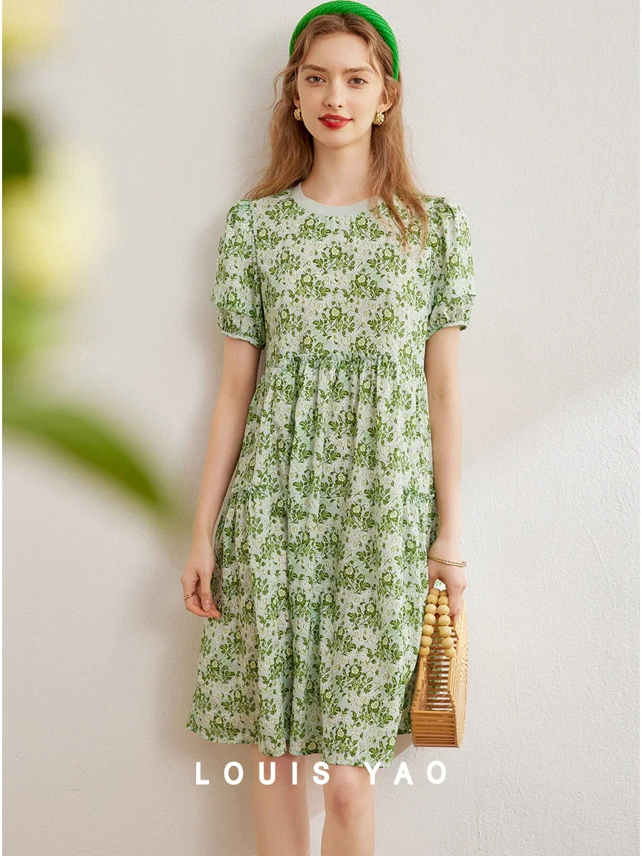 

LOUIS YAO Women Dress Summer Floral Dress Fashion Casual O Neck Short Sleeve Pullover Elegant Loose Short Dress