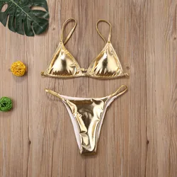 Conjunto de Bikini triangular para mujer, bañador Sexy de dos piezas con sujetador dorado brillante, traje de baño con lazo lateral