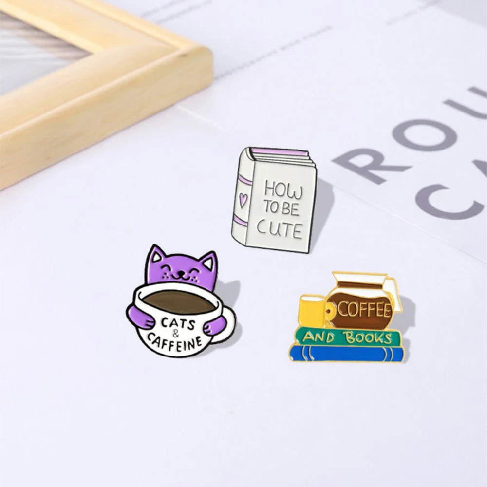 Coffee and Book Enamel Pin Cat Cafe Reading Badge Custom Hedgehog Brooches Lapel pin Jeans shirt Bag Cute Animal Jewelry Gift