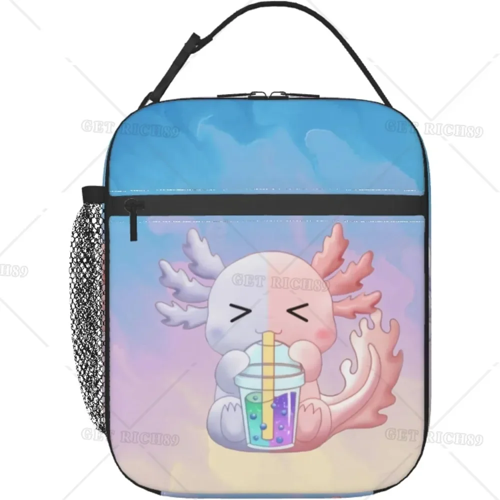 Cute Axolotl Drinking Drinks Print Reusable Lunch Bag Insulated Tote Bag for Women Men Kids Lunch Box for Camping Work School