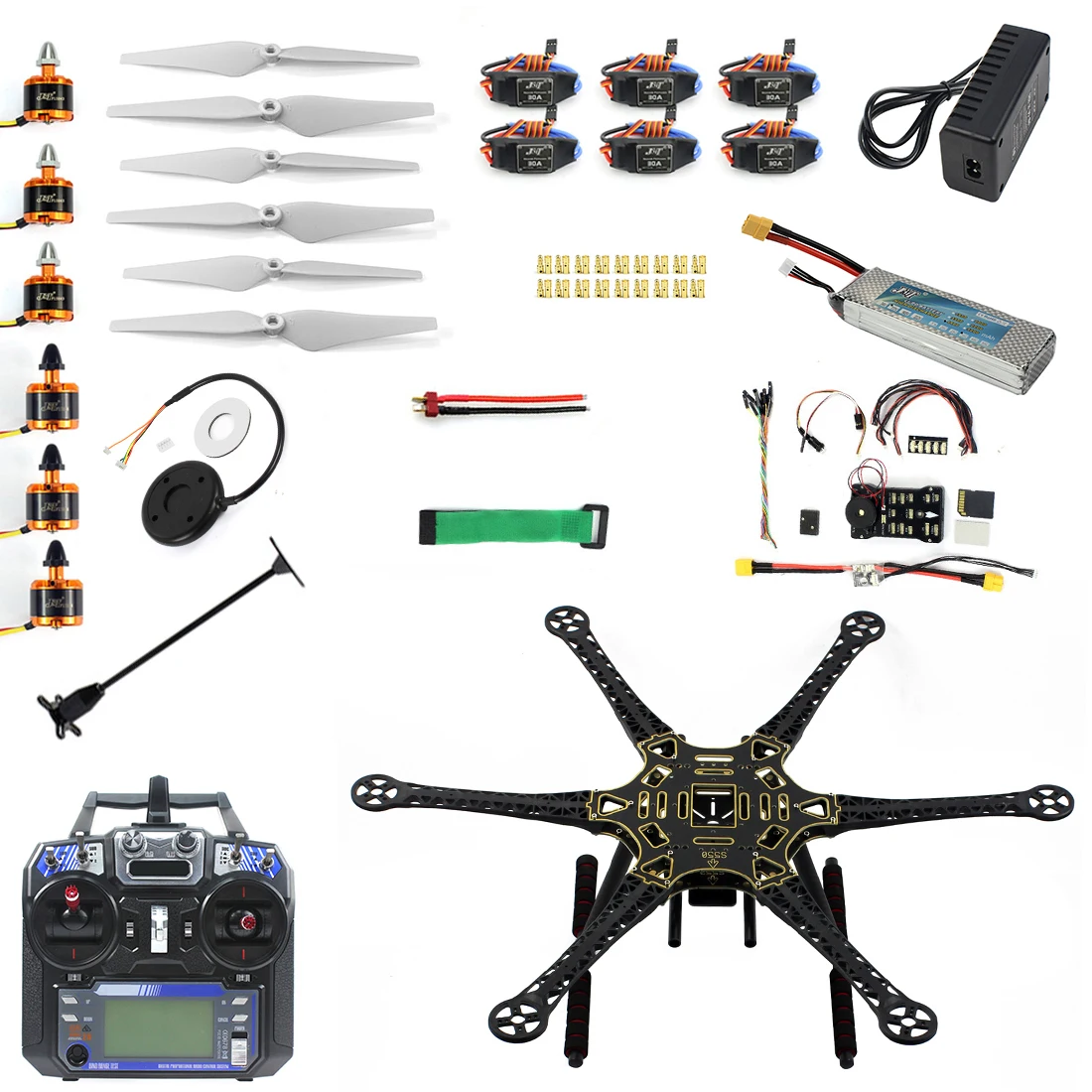 JMT DIY Flight Control Drone Kit, Hexacopter 6-Axle Aircraft, HMF S550 Frame, PXI PX4, 920KV Motor, GPS, FS-i6 Transmissor