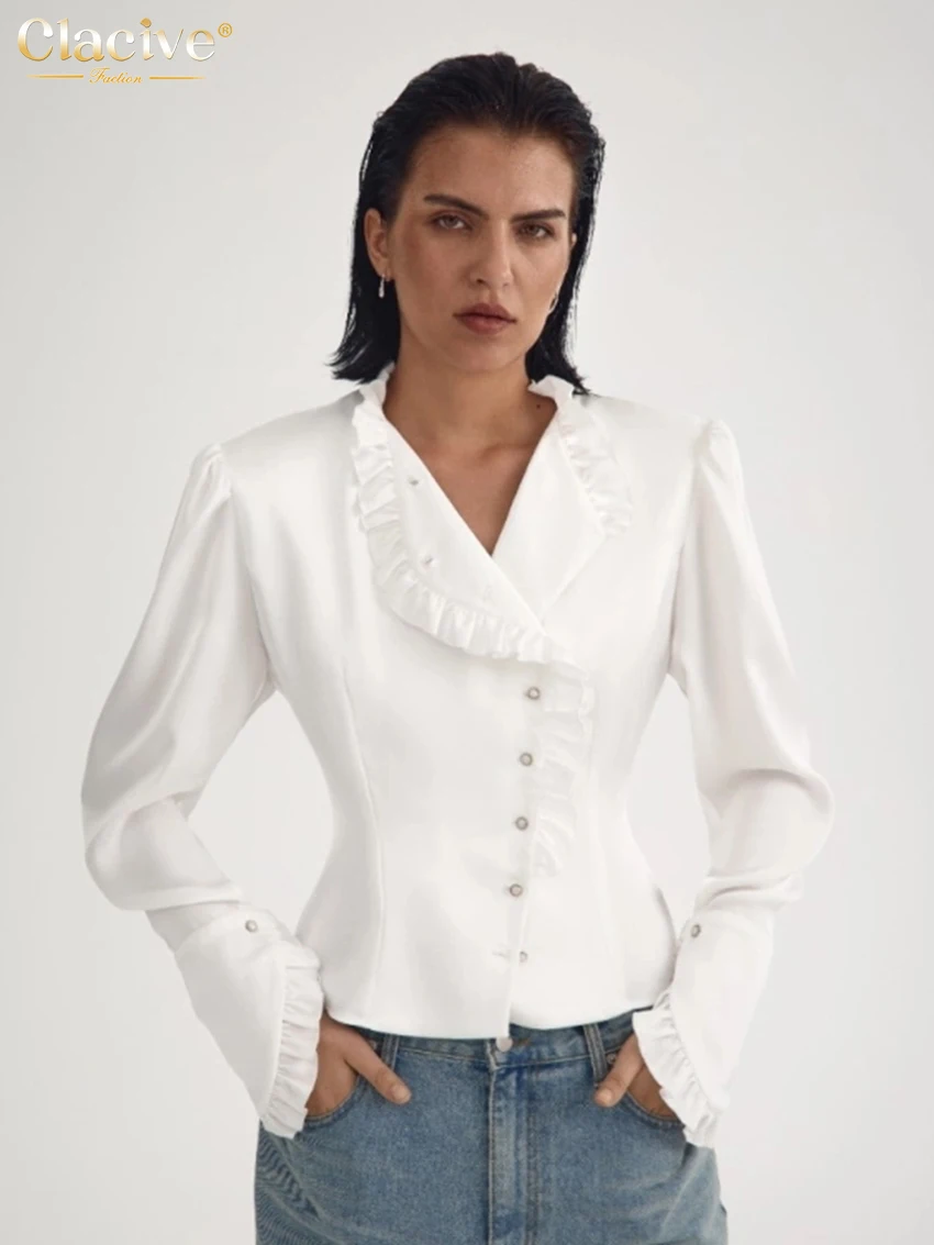 Clacive Fashion Slim White Office Camicia da donna 2025 Camicie eleganti a maniche lunghe con risvolto Casual Classic Ruffle Top Abbigliamento femminile