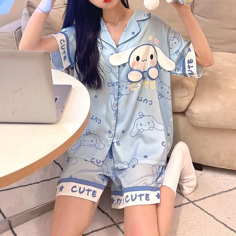 Sanrio Cinnamoroll Cute Pajamas For Women Short Sleeve Cartoon Fashion Print Sleepwear Home Clothes Two-piece Set Pijama Suit