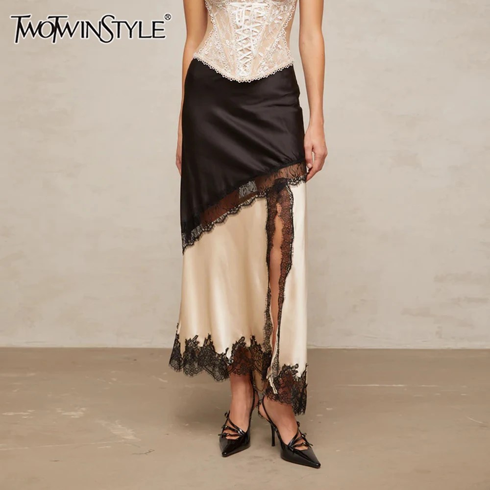 TWOTWINSTYLE Colorblock Slimming Fashion Midi Skirts for Women Patchwork Lace Temperament Skirt Female Elegant Clothing Style