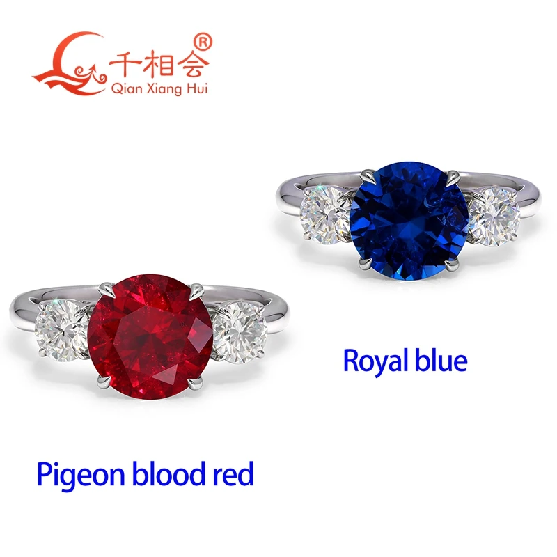 

925 Silver 8mm Round Lab Grown Gemstone Ring with Moissanite Accent, Pigeon Blood Red Ruby/Royal Blue Sapphire/Three Stone Ring