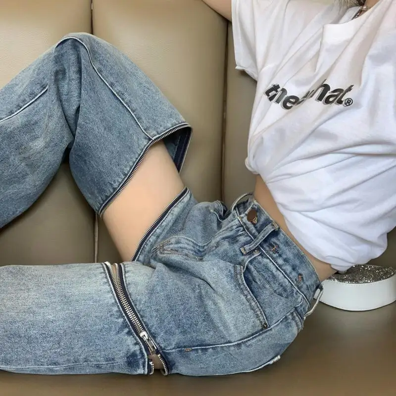 Summer Detachable Zipper Two Wear Ripped Wide Leg Jeans Women's Design Sense Shorts Spice Girl Sweet Cool Pants