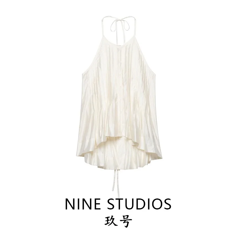NINE ZAR Women's Gathered Neckline Halter Top Vest Casual Polyester Loose Fit Mid-Length Outerwear with Bow Tie