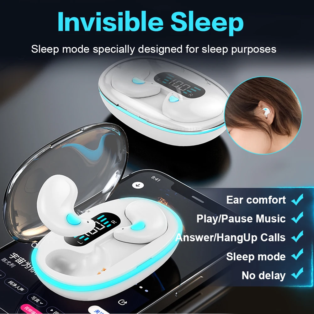 Auriculares X55 para dormir, miniauriculares inalámbricos compatibles con Bluetooth 5,3, auriculares estéreo con micrófono, llamada HD, auriculares deportivos impermeables