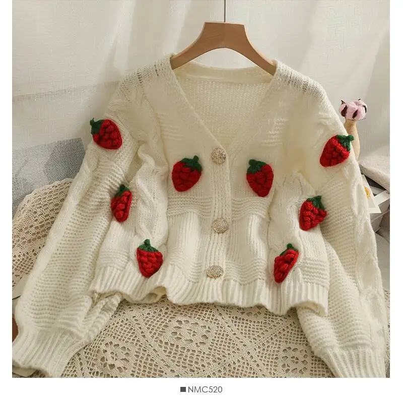 Cardigan Sweater Chunky Knit Button Front Cute Strawberry Soft Sweet Sweaters Jacket Teen-Girl Women Fairycore Outfit