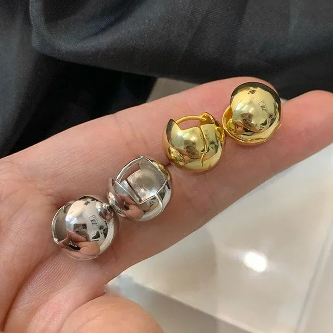 

Real 925 Sterling Silver Round Smooth Surface Ball 18K Gold Hoop Earrings for Women Trendy Fine Jewelry Personality Accessories