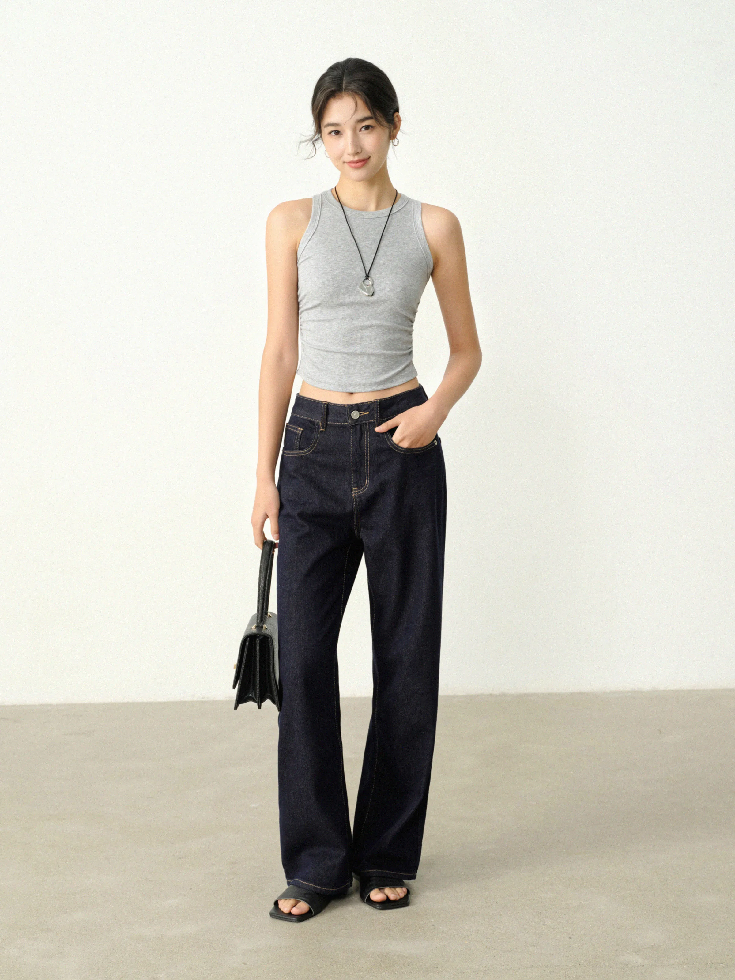 Vintage Loose Straight High Waist Wide Leg Jeans Retro Contrast Stitch Slimming Casual Long Pants for Petite Women Summer Wear - Image 5