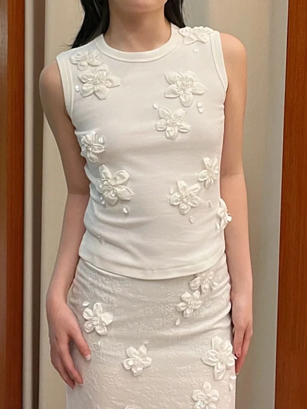 

Shanghai Version 24ss New High Fashion 3D Flower Sleeveless Vest T-Shirt Women's Casual Style Slim Fit Cotton Summer Top