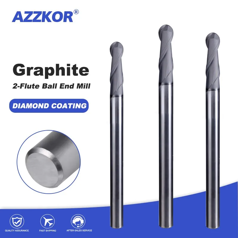 AZZKOR Diamond Coated Carbide Extended Straight Shank 2/4-Flute Graphite Milling Cutter Tools CNC Processing Ball Nose End Mills