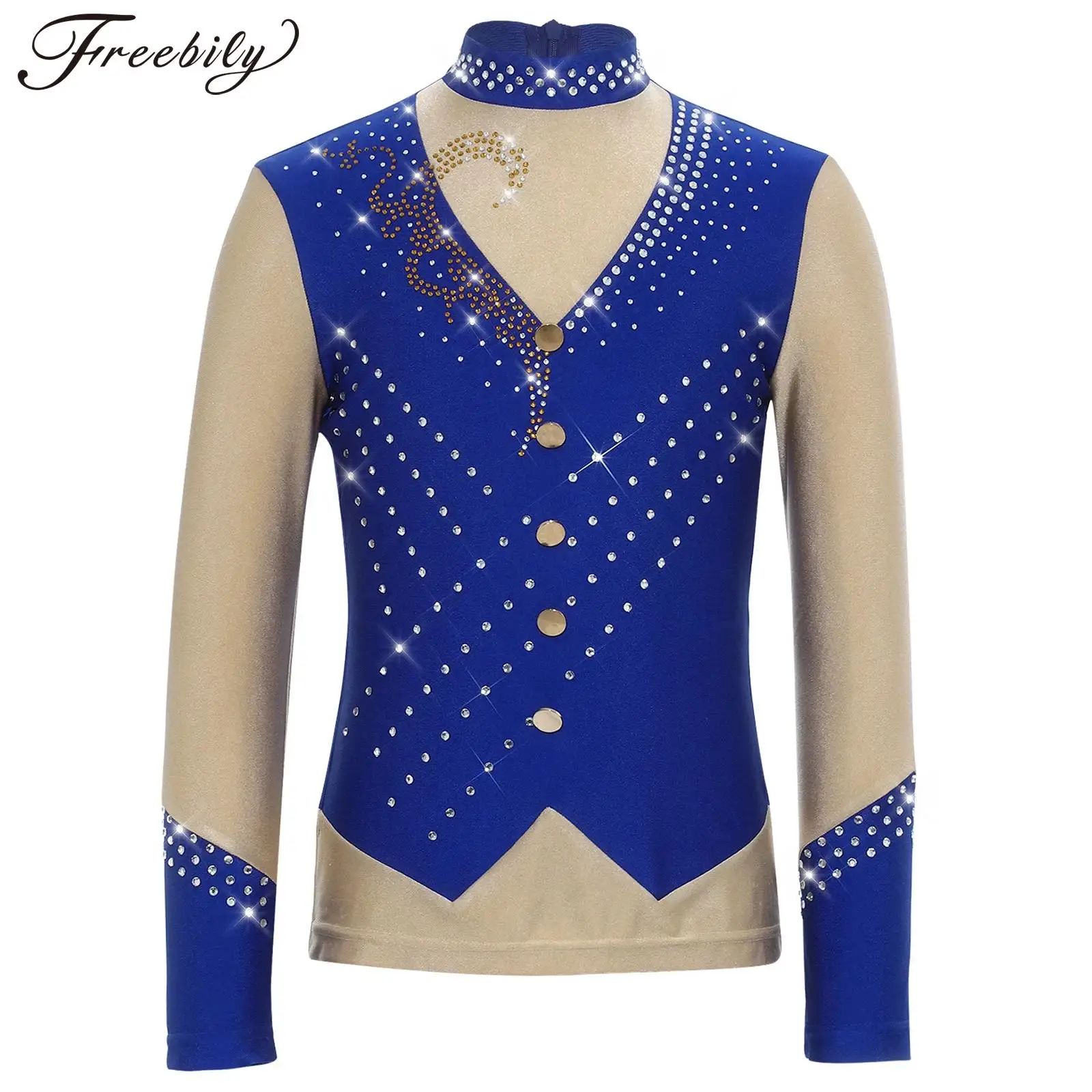 

Детская рубашка для фигурного катания для мальчиков и девочек, блестящие топы с длинными рукавами и стразами, костюм для выступлений по латиноамериканским танцам и художественной гимнастике