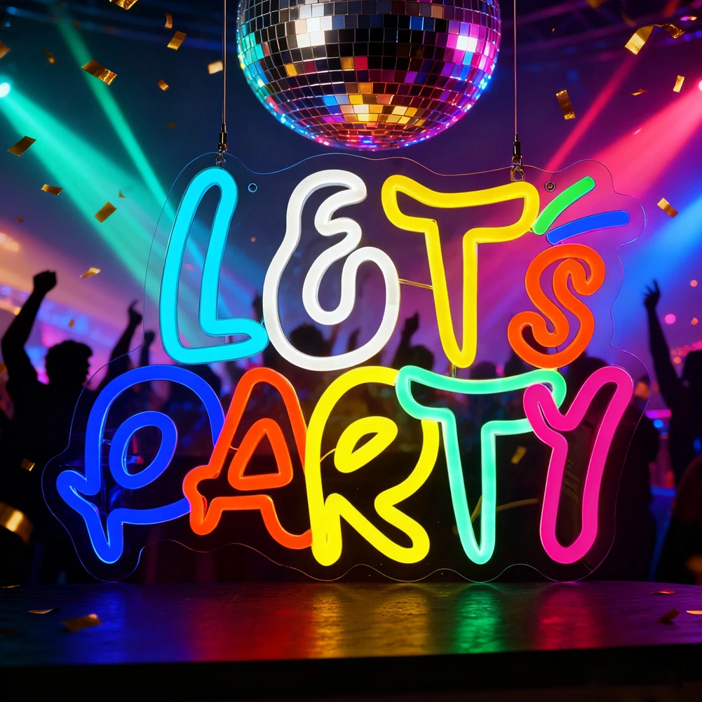 Letrero de neón Let's Party - LED USB multicolor |   14,17x10,32 pulgadas |   Decoración de pared ideal para cumpleaños, despedida de soltera, sala de juegos, bar